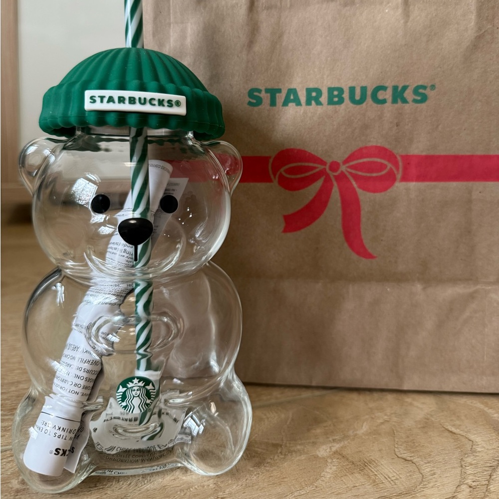 Starbucks Bearista Glass Clear Bear Tumbler with Green Lid